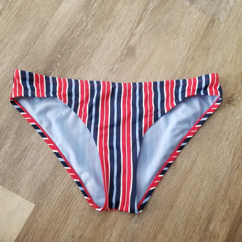 NWT Kona Sol Red Blue White Stripe Low Rise Bikini Bottom Size Large